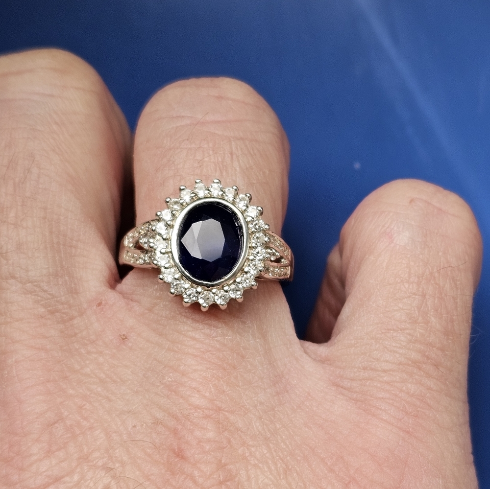 Genuine Tanzanian Blue Spinel and White Zircon Halo Ring in Platinum/925 Sz7 - Picture 8 of 8